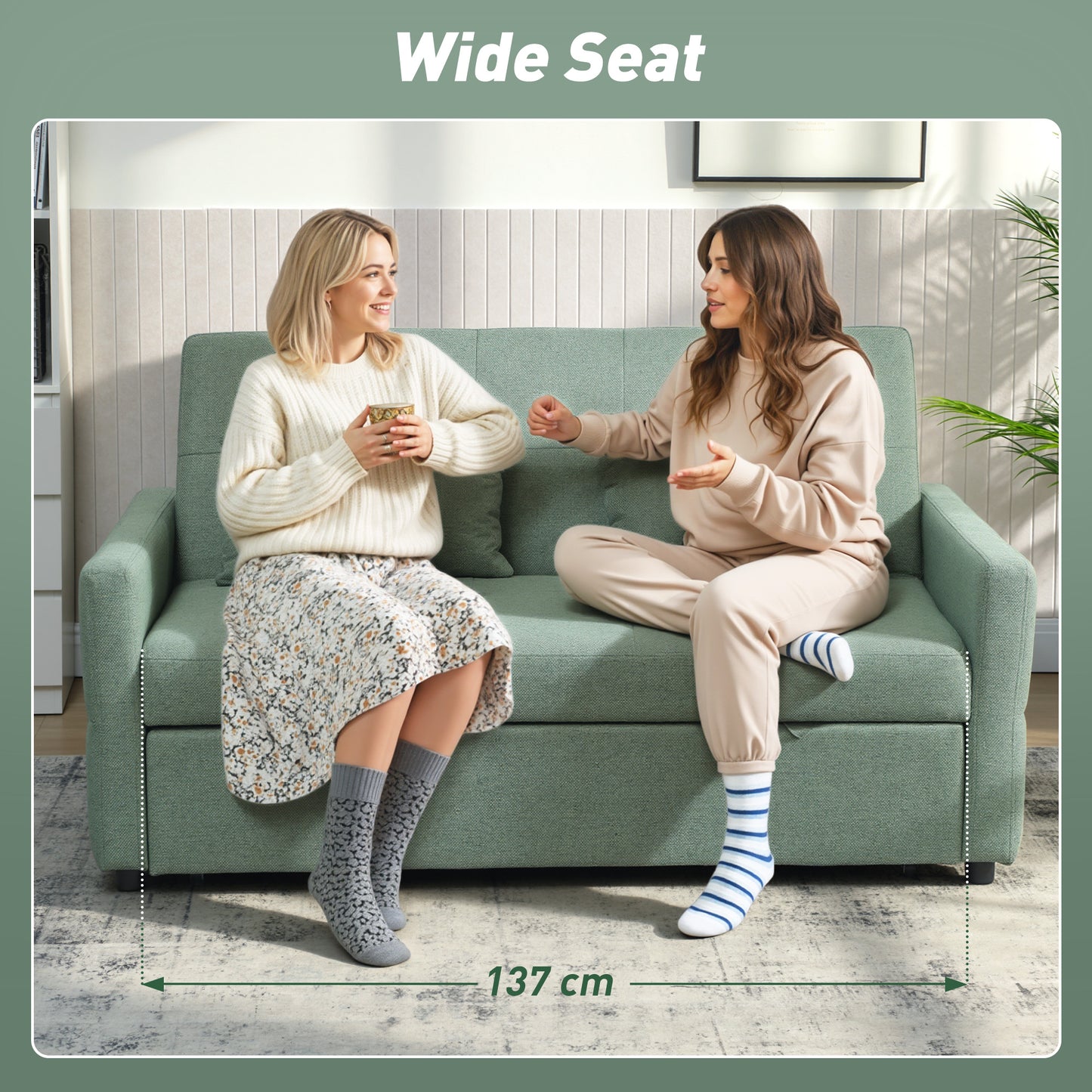HOMCOM Three Way 2 Seater Sofa Bed With Three Position Back And Two Soft Pillows Green