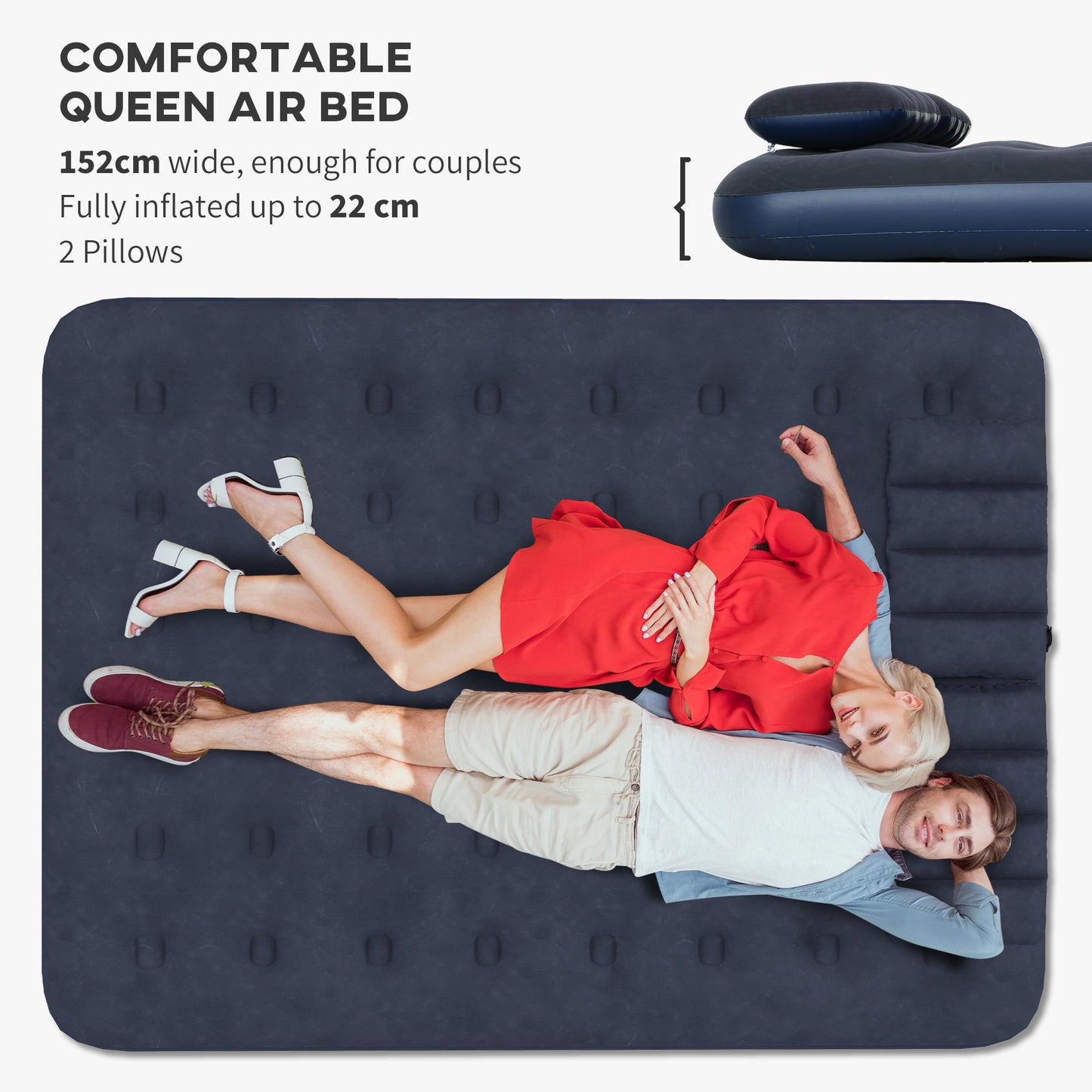 HOMCOM Inflatable Comfort: Queen-Size Air Mattress with Integrated Pump and Pillows, Azure Blue - ALL4U RETAILER LTD