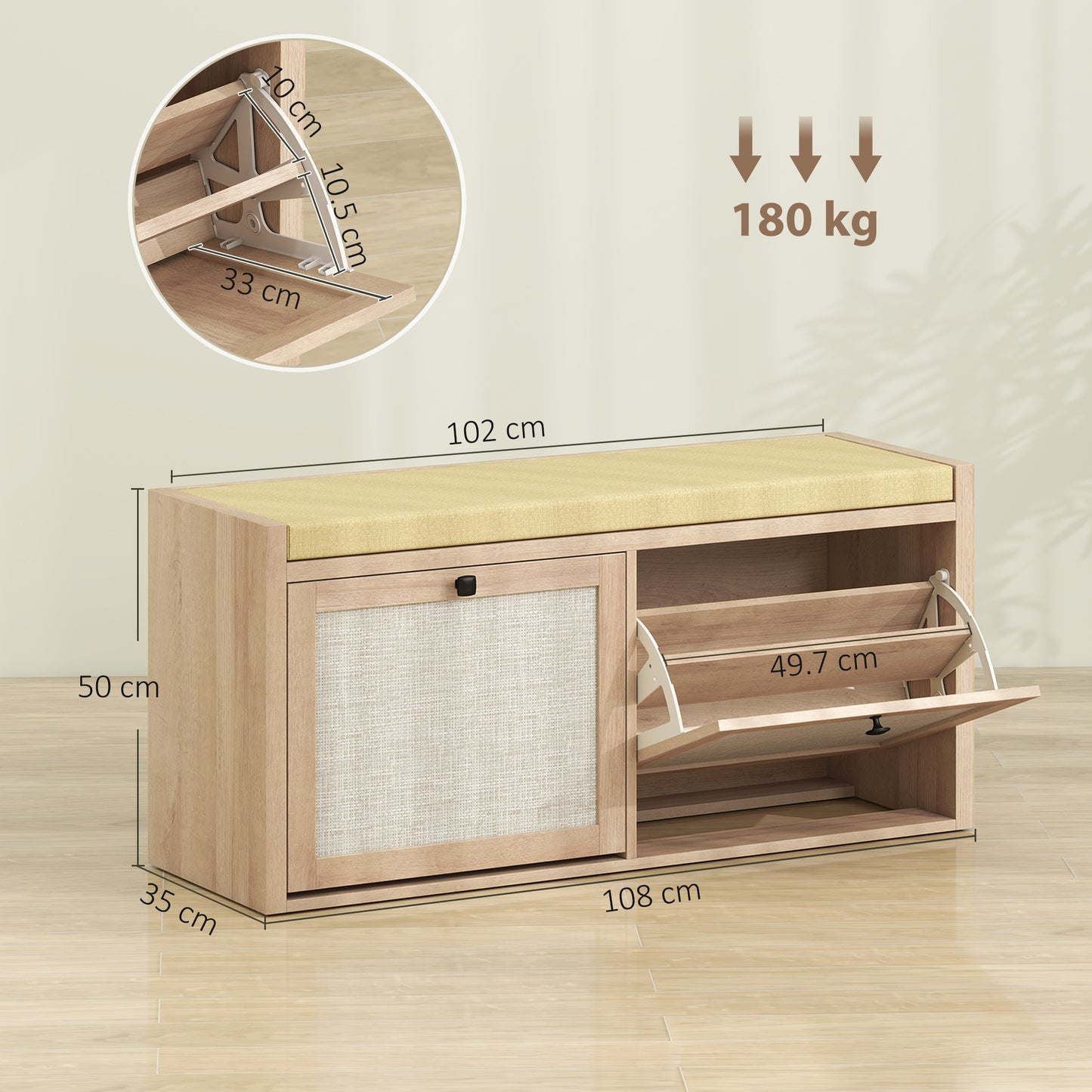 HOMCOM Rattan Shoe Bench With Padded Cushion And Hidden Storage Cabinets For Hallway In Oak Wood Effect