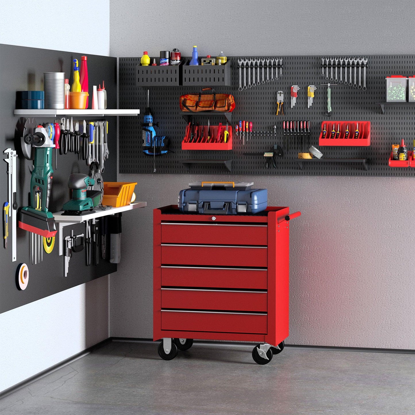 HOMCOM 5 Drawer Tool Chest on Wheels, Lockable Steel Tool Trolley with Side Handle for Workshop, Garage, Red - ALL4U RETAILER LTD