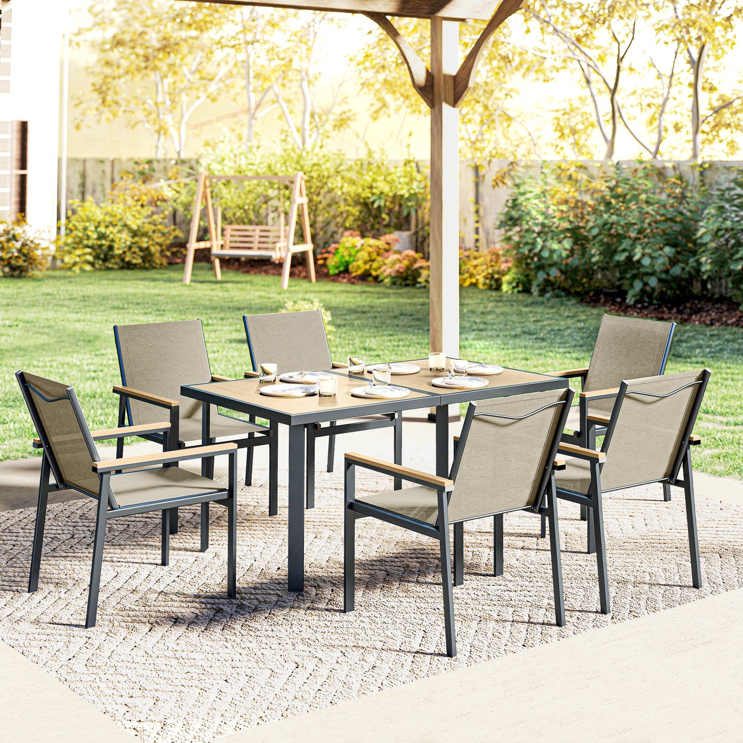 Outsunny Seven Piece Metal Garden Dining Set With Glass Top Table Khaki Outdoor Patio Furniture
