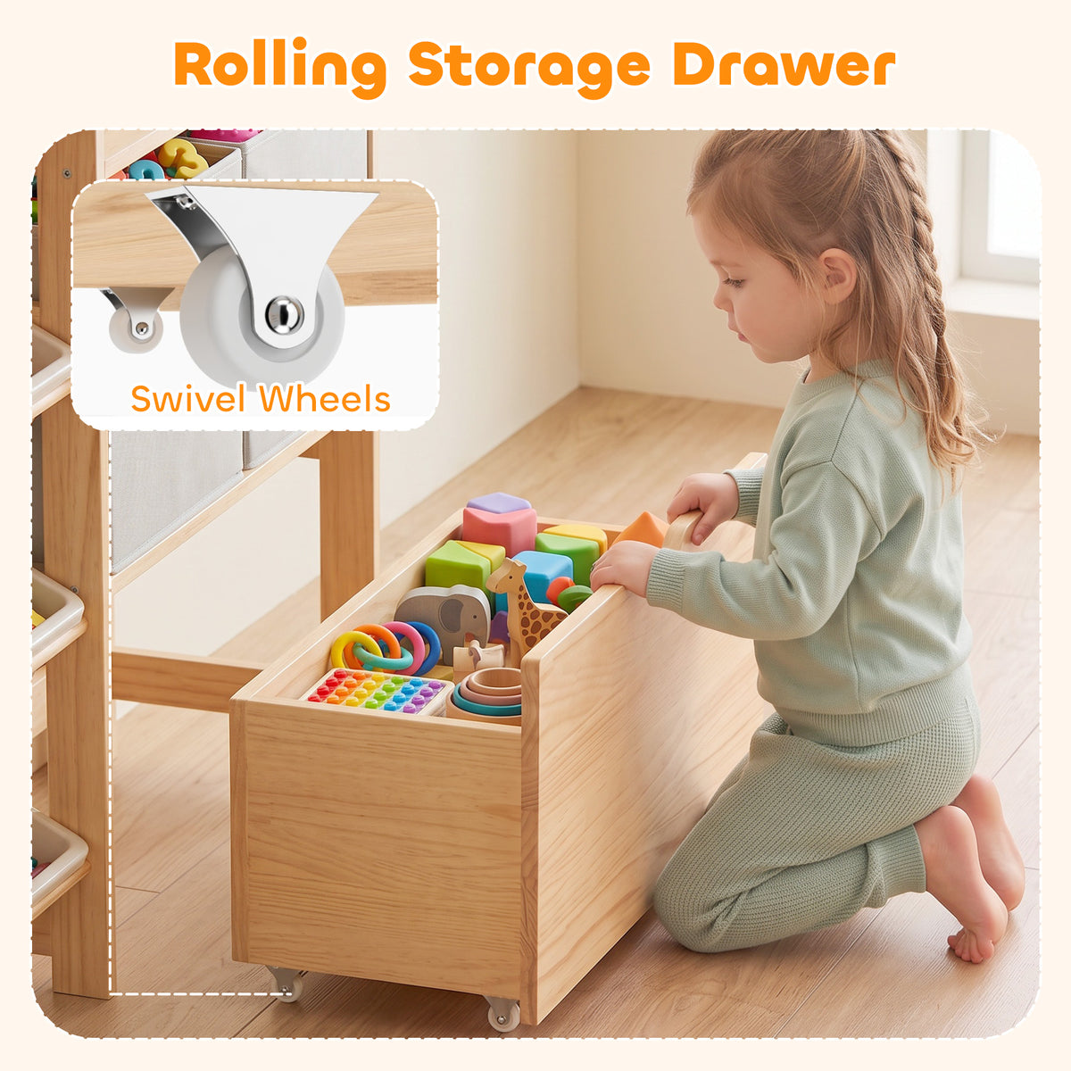 Rolling light wood storage drawer on swivel wheels with open bin compartment