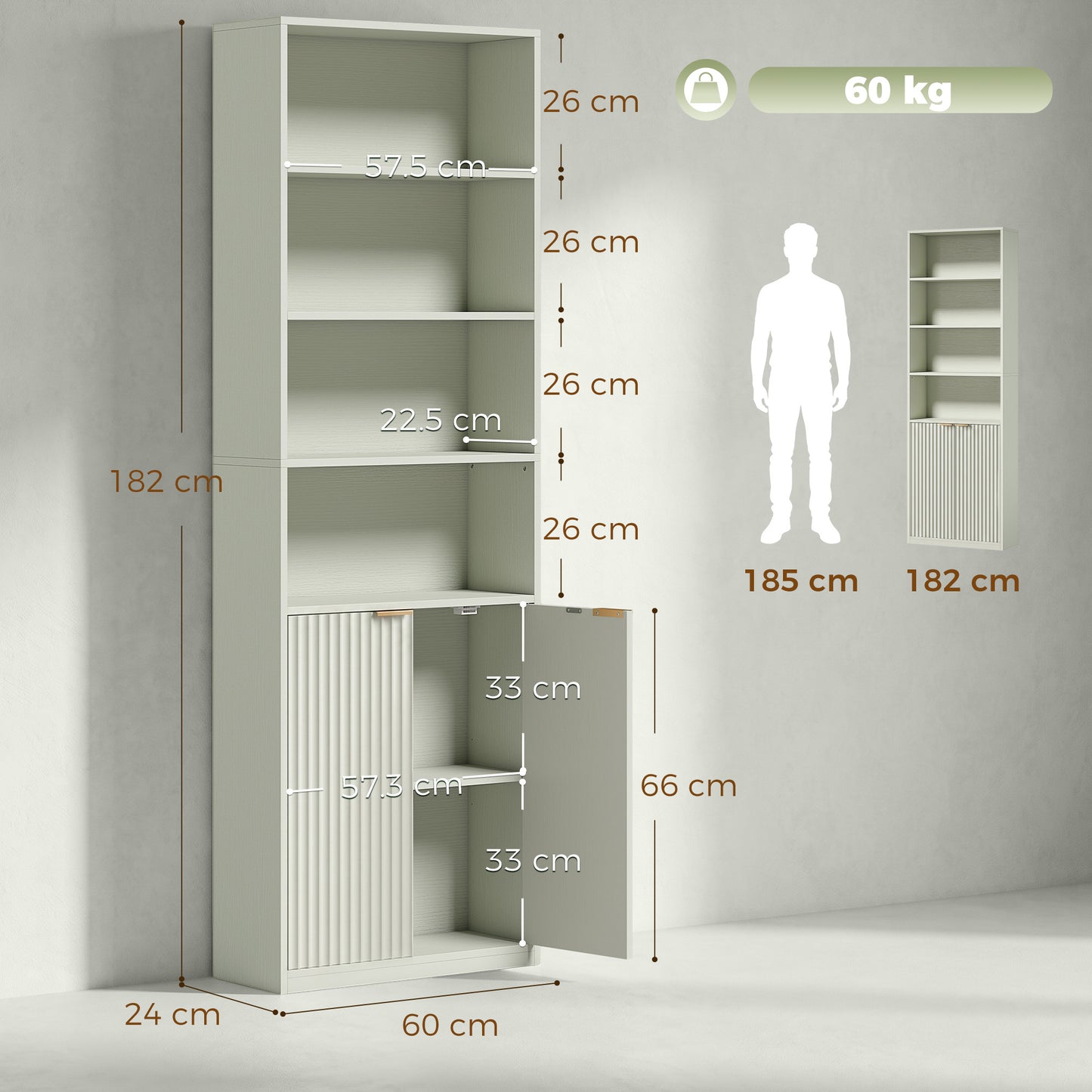 Homcom 6 Tier Slim Bookshelf With Adjustable Shelf And Cabinet Light Green