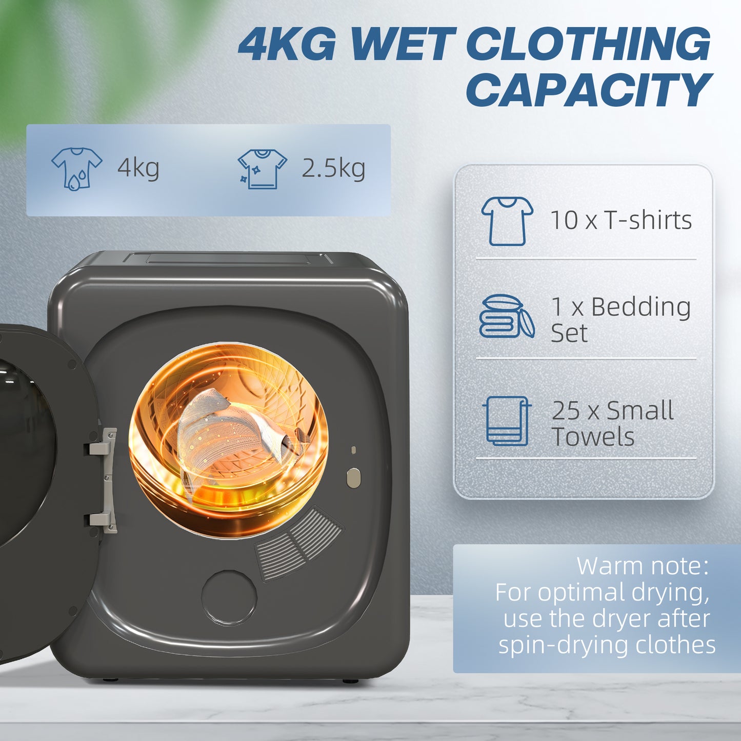 HOMCOM 4kg Vented Tumble Dryer With Deodorize And Smart Mode 800W Compact Front Load Dryer Stainless Steel Tub Grey