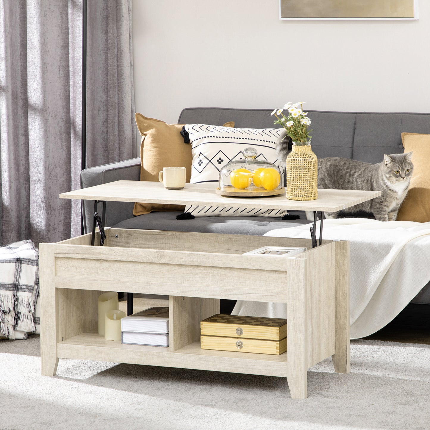 HOMCOM Rising Top Coffee Table with Concealed Storage and Open Shelves for Living Room in Oak Finish - ALL4U RETAILER LTD