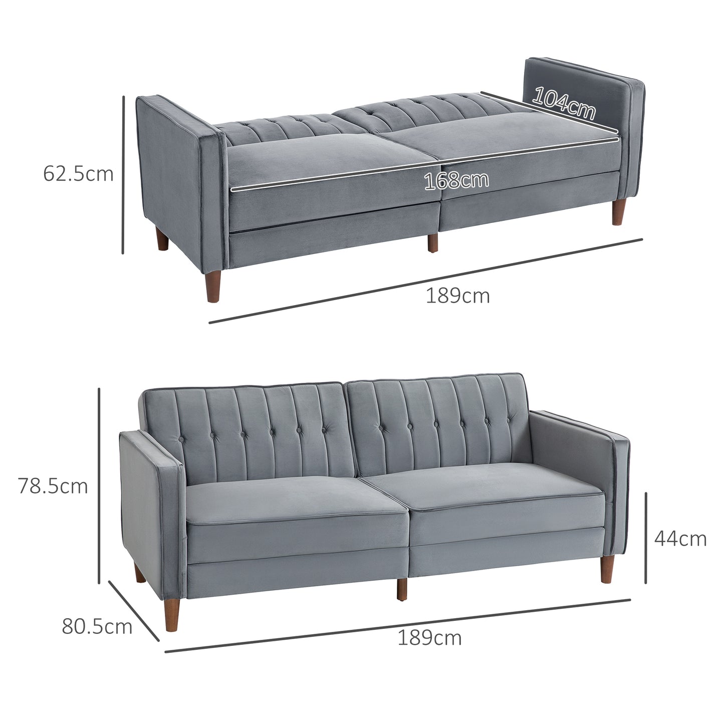 HOMCOM Velvet Feel Three Seater Sofa Bed In Dark Grey With Thick Cushions And Back Support