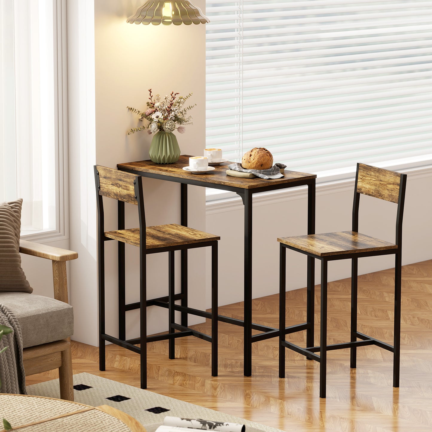 Homcom 3 Piece Bar Table Set With 2 Stools Breakfast Bar Set With Footrest Backrest For Dining Room Small Space