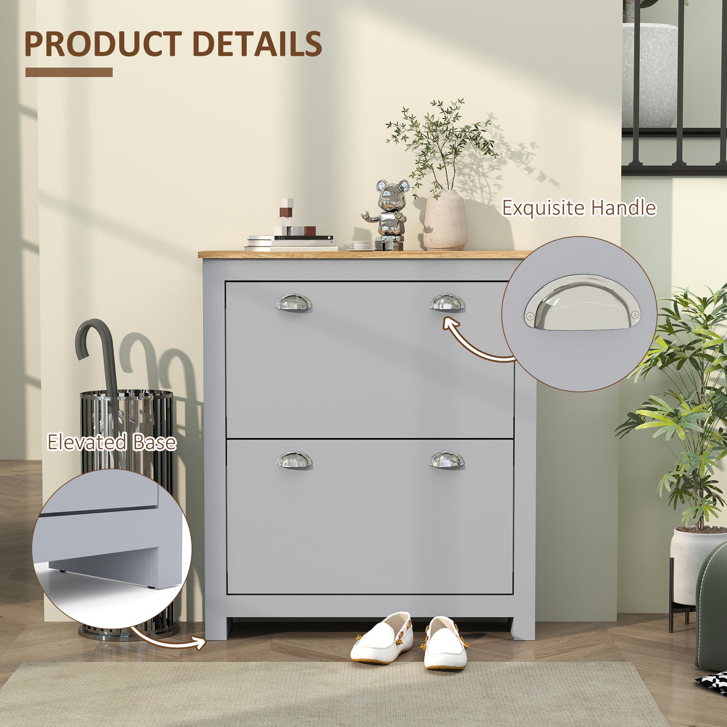HOMCOM 2 Drawer Shoe Cabinet Narrow Modern Hallway Shoe Storage Cupboard With Flip Doors And Adjustable Shelves Grey