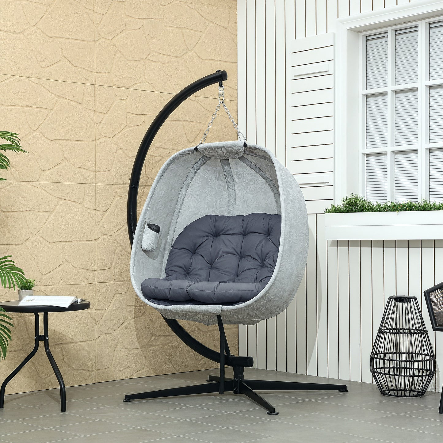 Outsunny Hanging Egg Chair With Stand Folding Basket Thickened Cushion Cup Holder For Patio Balcony Grey