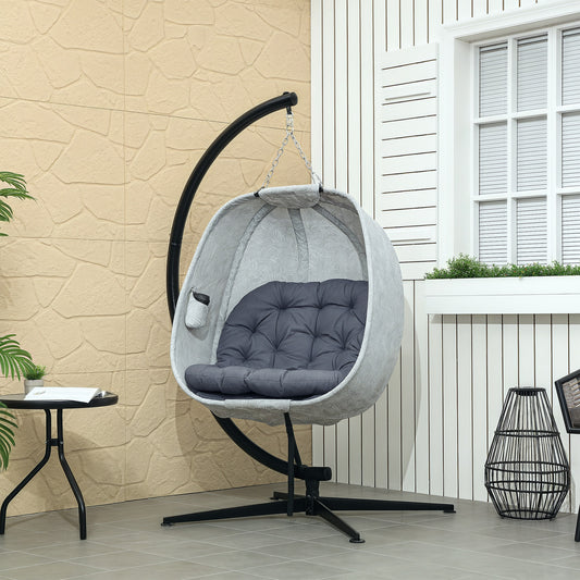 Outsunny Hanging Egg Chair With Stand Folding Basket Thickened Cushion Cup Holder For Patio Balcony Grey