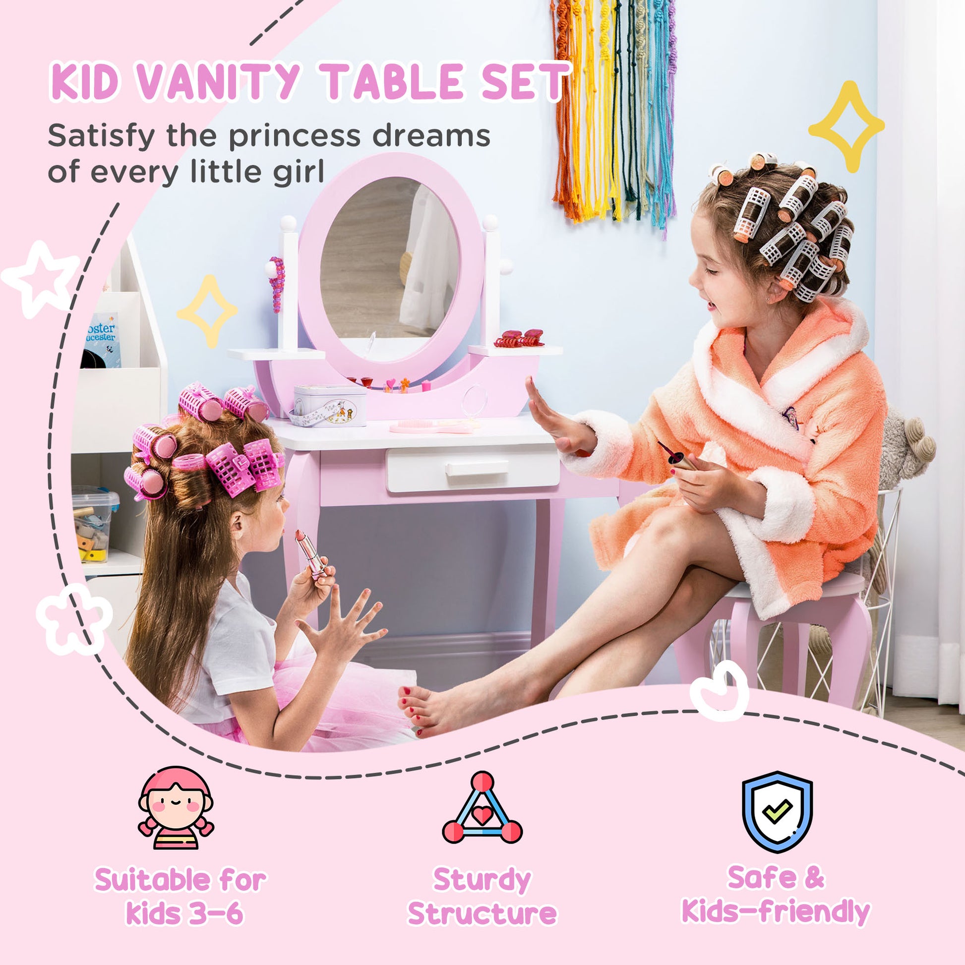 ZONEKIZ Kids Dressing Table Set Vanity Girl Makeup Desk Mirror Stool Drawer Round Legs 3-6 Years Pink - ALL4U RETAILER LTD