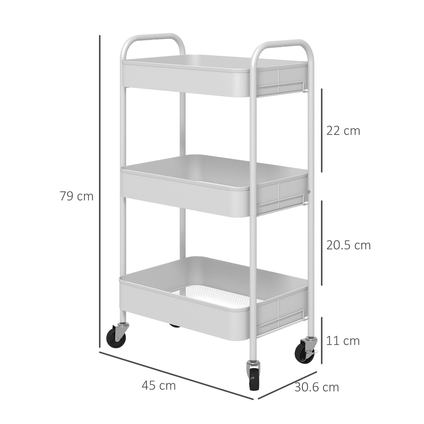 HOMCOM Three Tier Steel Storage Trolley White Rolling Cart With Small Medium Large Baskets Home Organization