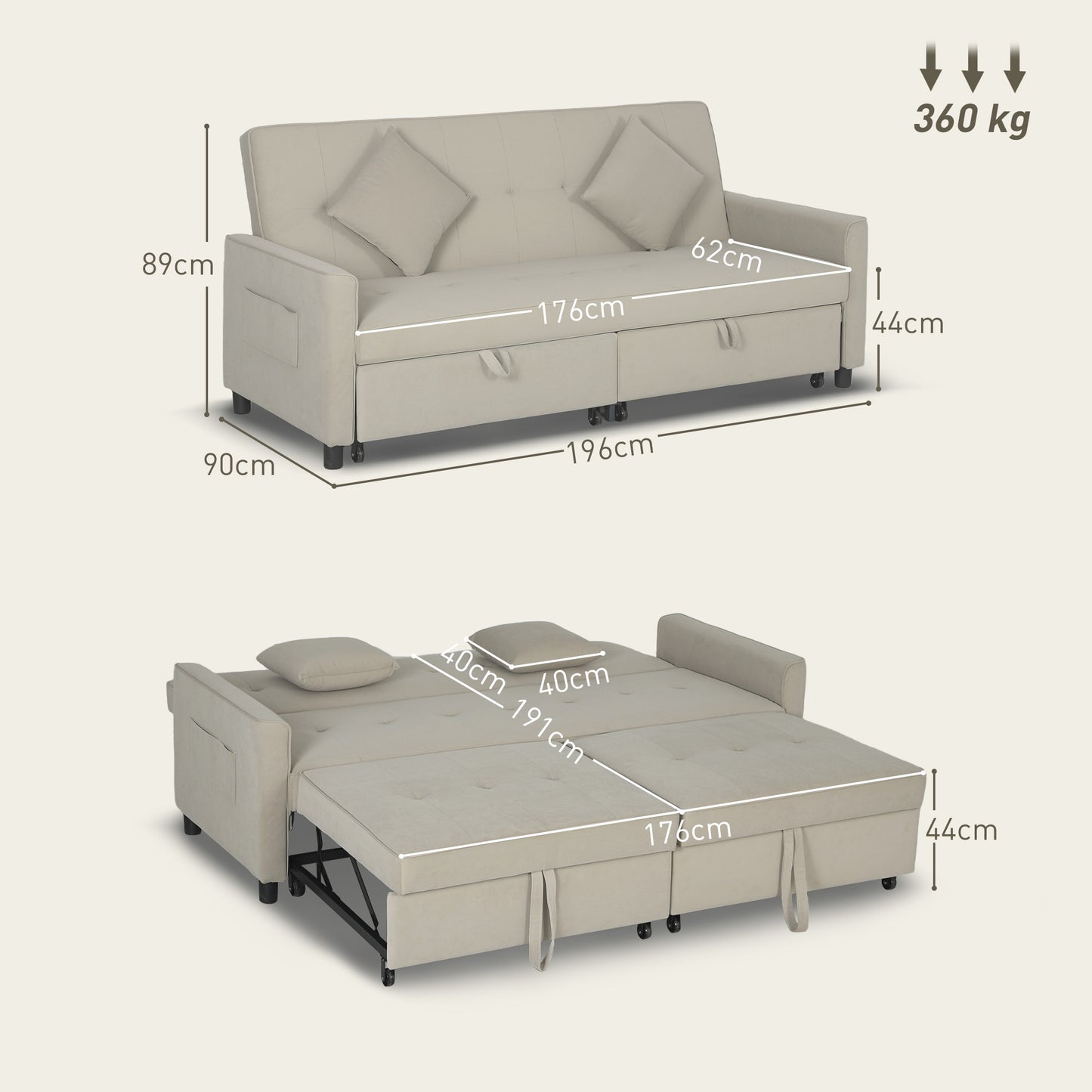 HOMCOM Velvet Feel Three Seater Sofa Bed With Click Clack Function And Wheels Beige