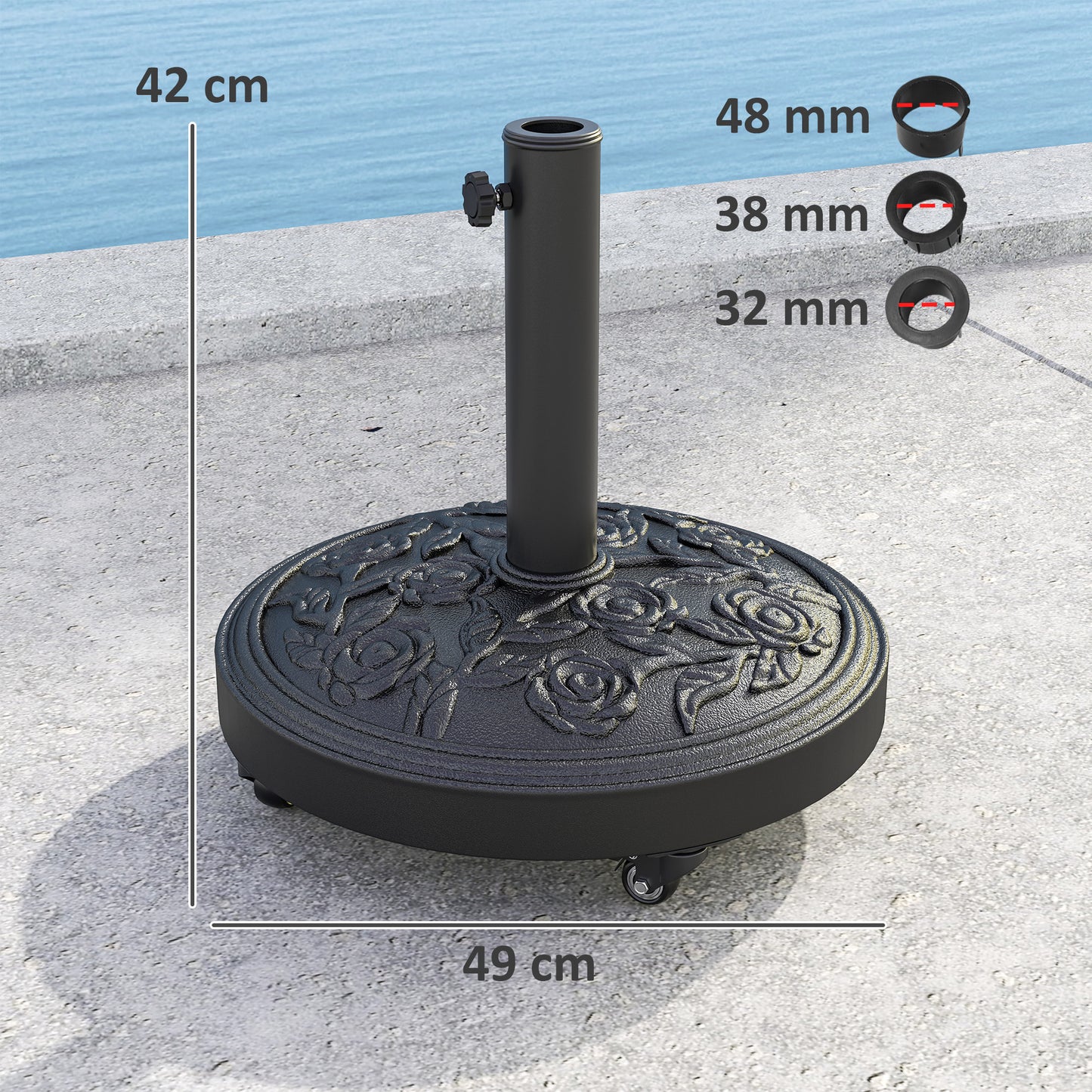 Outsunny Parasol Base With Wheels Cast Iron Effect Weather Resistant Black For Umbrella Canopy Patio Garden