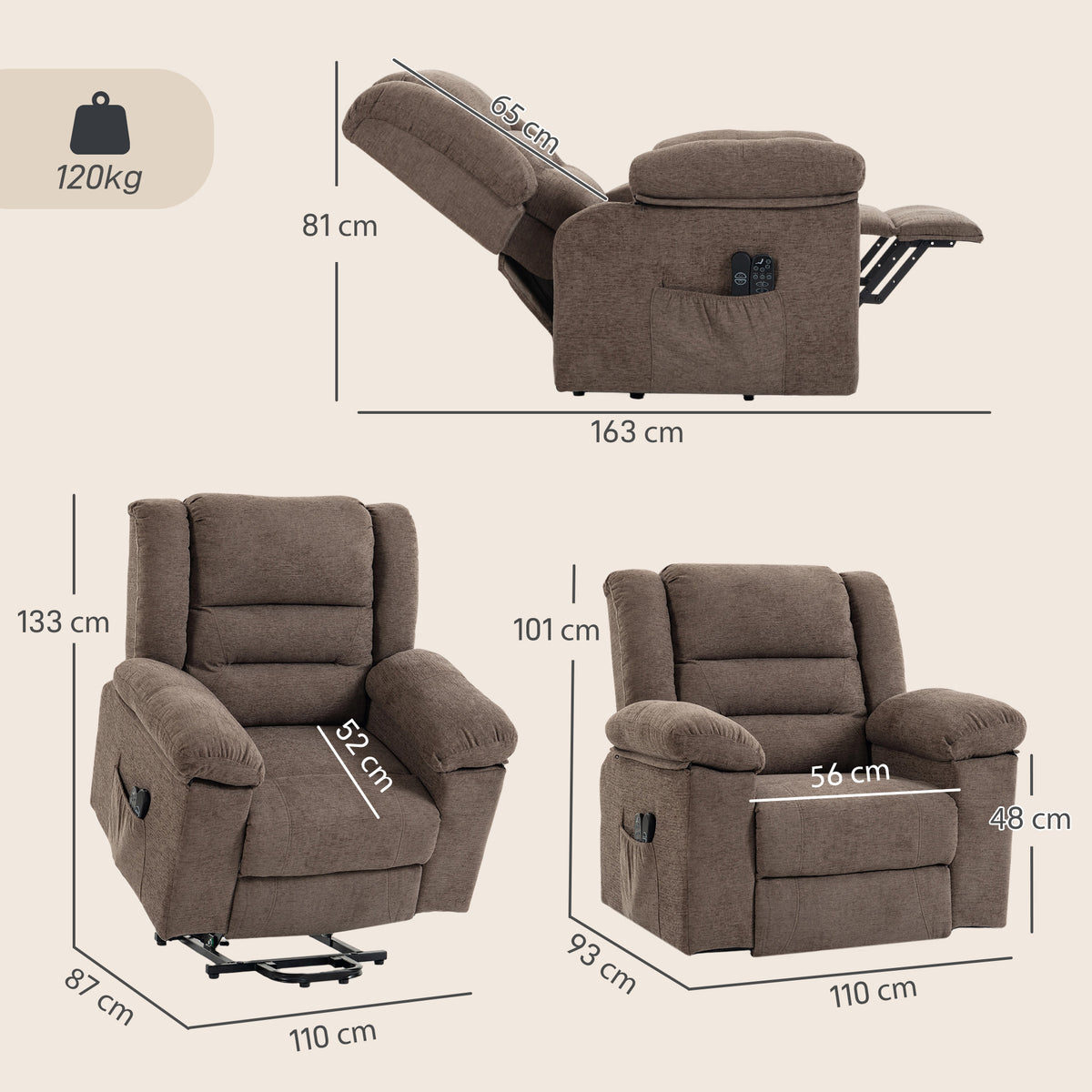 Homcom Oversized Wide Power Lift Recliner Chair With Massage And Heat Brown