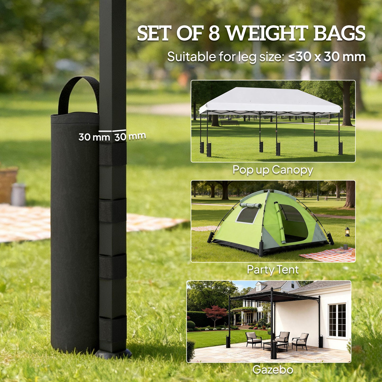 Outsunny 8 Pack Gazebo Sand Weight Bags 40 Kg 600D Heavy Duty Sandbags for Canopy Tent Legs Without Sand Black
