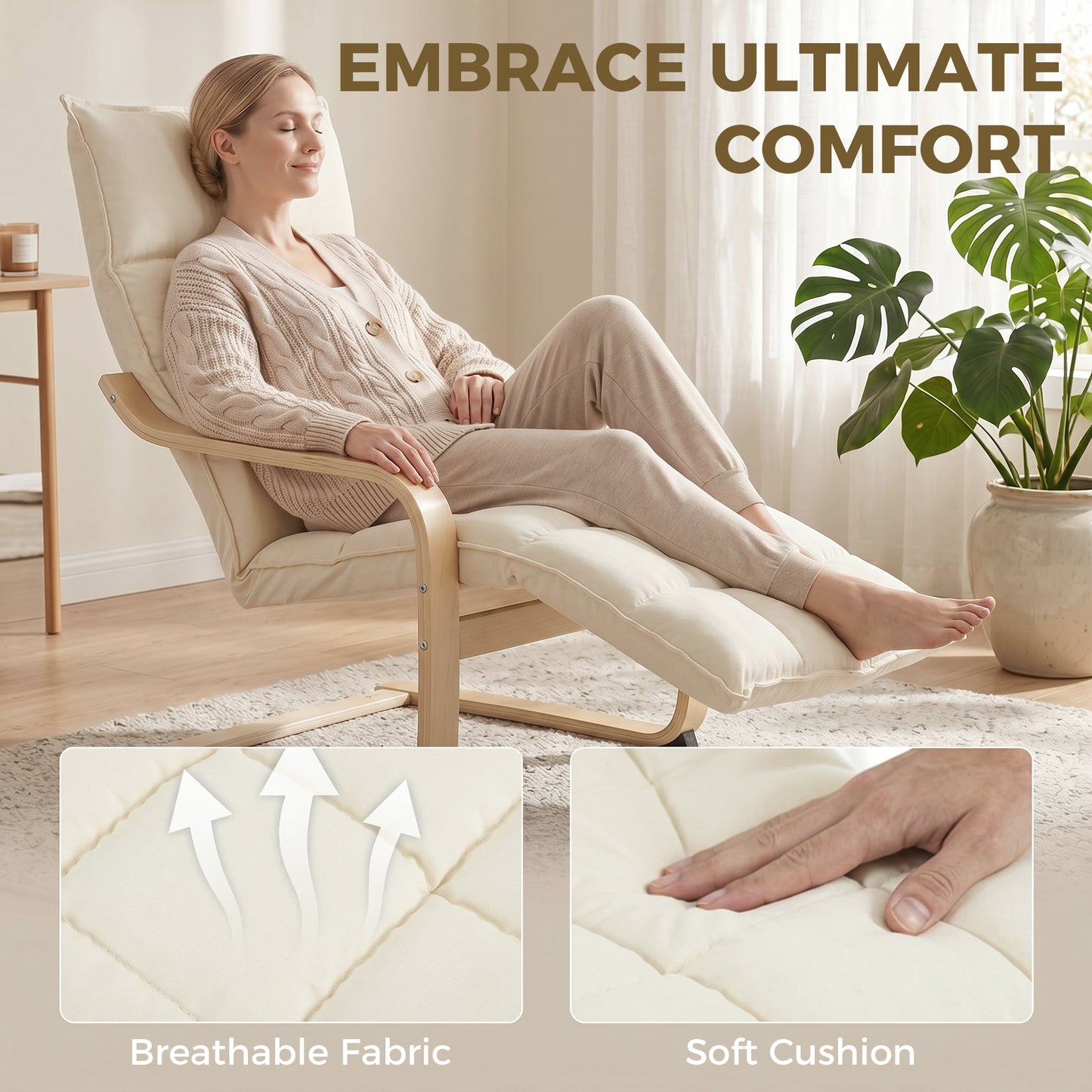 HOMCOM Modern Accent Chair With Built In Footrest Plush Cushion Linen Look Fabric Curved Legs And Arms Cream White