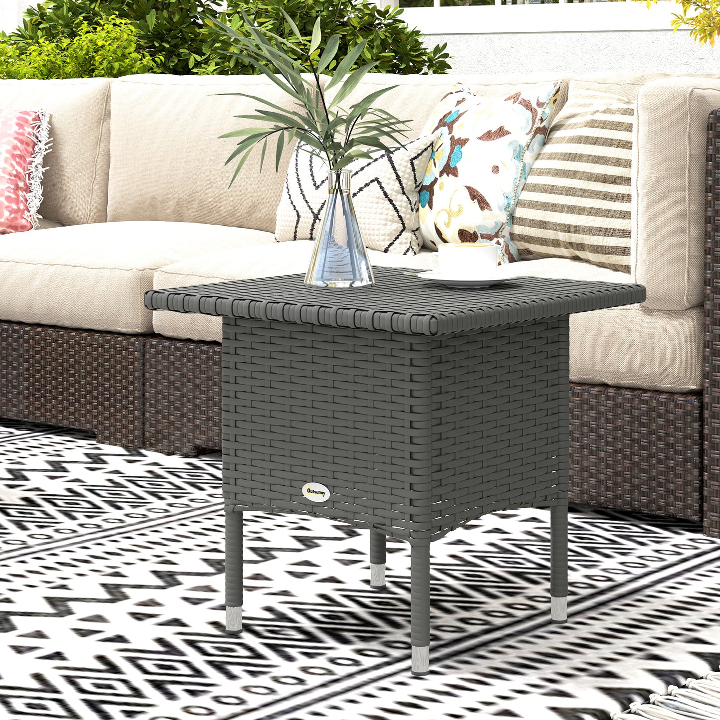 Outsunny Rattan Side Table Outdoor Coffee Table With Full Woven Top And Plastic Board Underneath For Patio Garden Grey