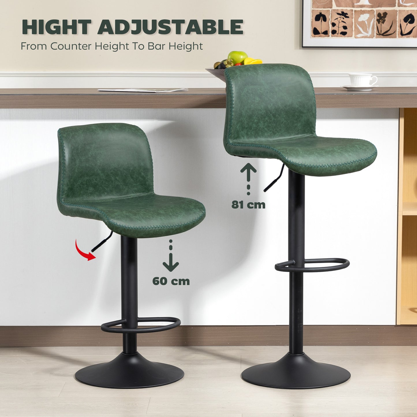 HOMCOM Bar Stools Set Of 2 Green PU Leather Backrest And Footrest Adjustable Breakfast Bar Kitchen Counter Barstools