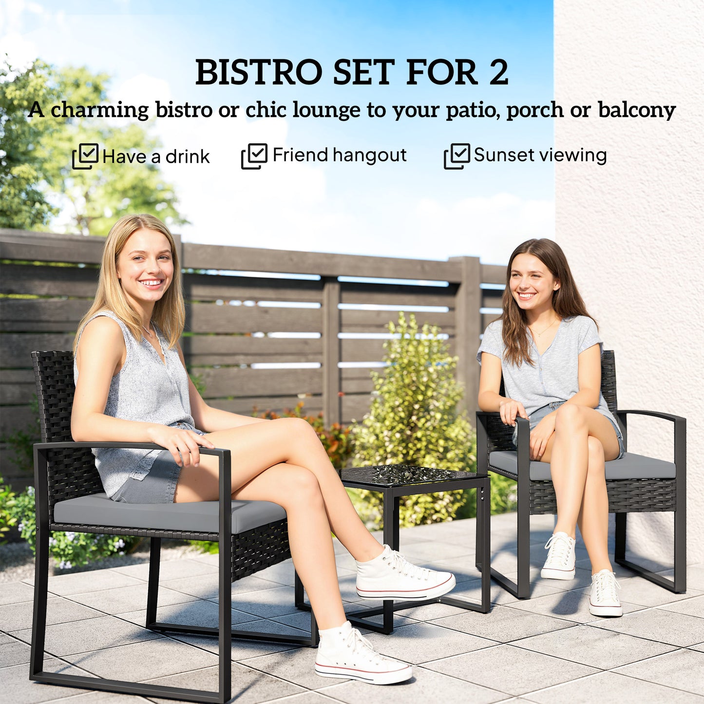 Outsunny Rattan Bistro Set 3 Piece Garden Furniture Set With Glass Top Table And Cushions Light Grey