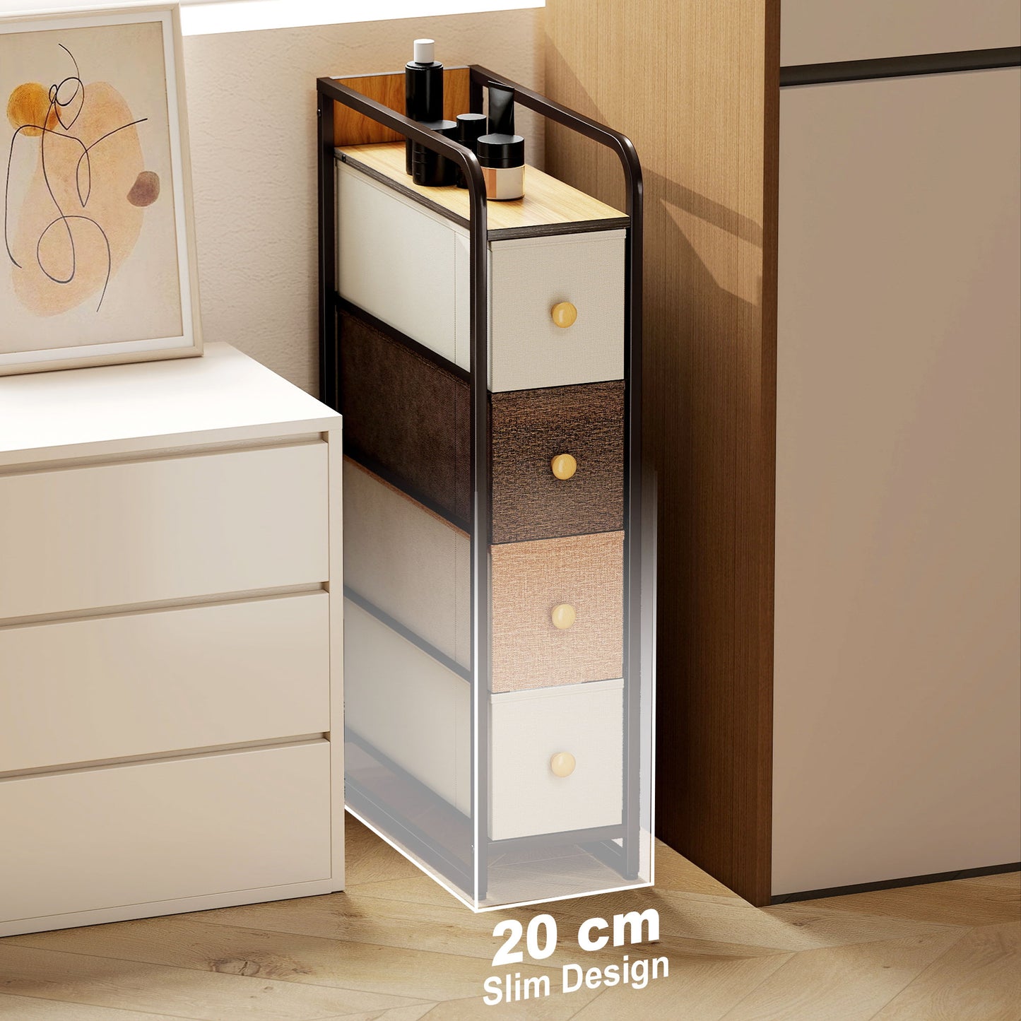HOMCOM 4 Drawer Fabric Chest Of Drawers With Steel Frame Slim 20 Cm Wide Storage Organizer For Bedroom And Living Room