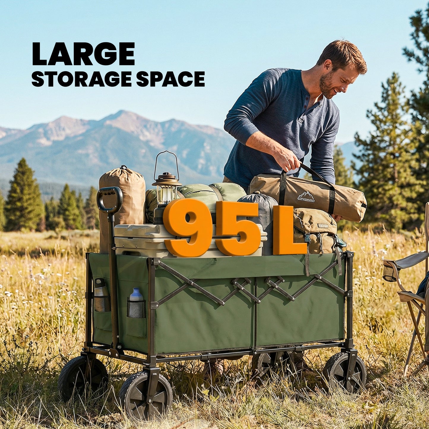 Outsunny 95L Foldable Trolley On Wheels Collapsible Wagon Cart With Adjustable Handle And 2 Cup Holders Dark Green