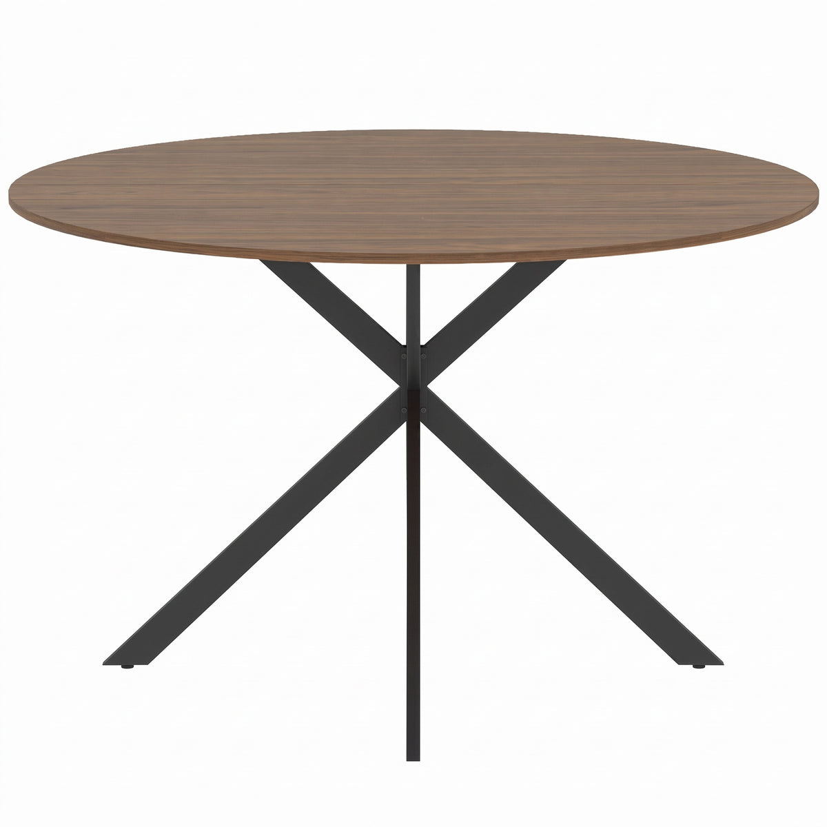Round dining table with wood-effect brown top and black X-shaped steel legs.