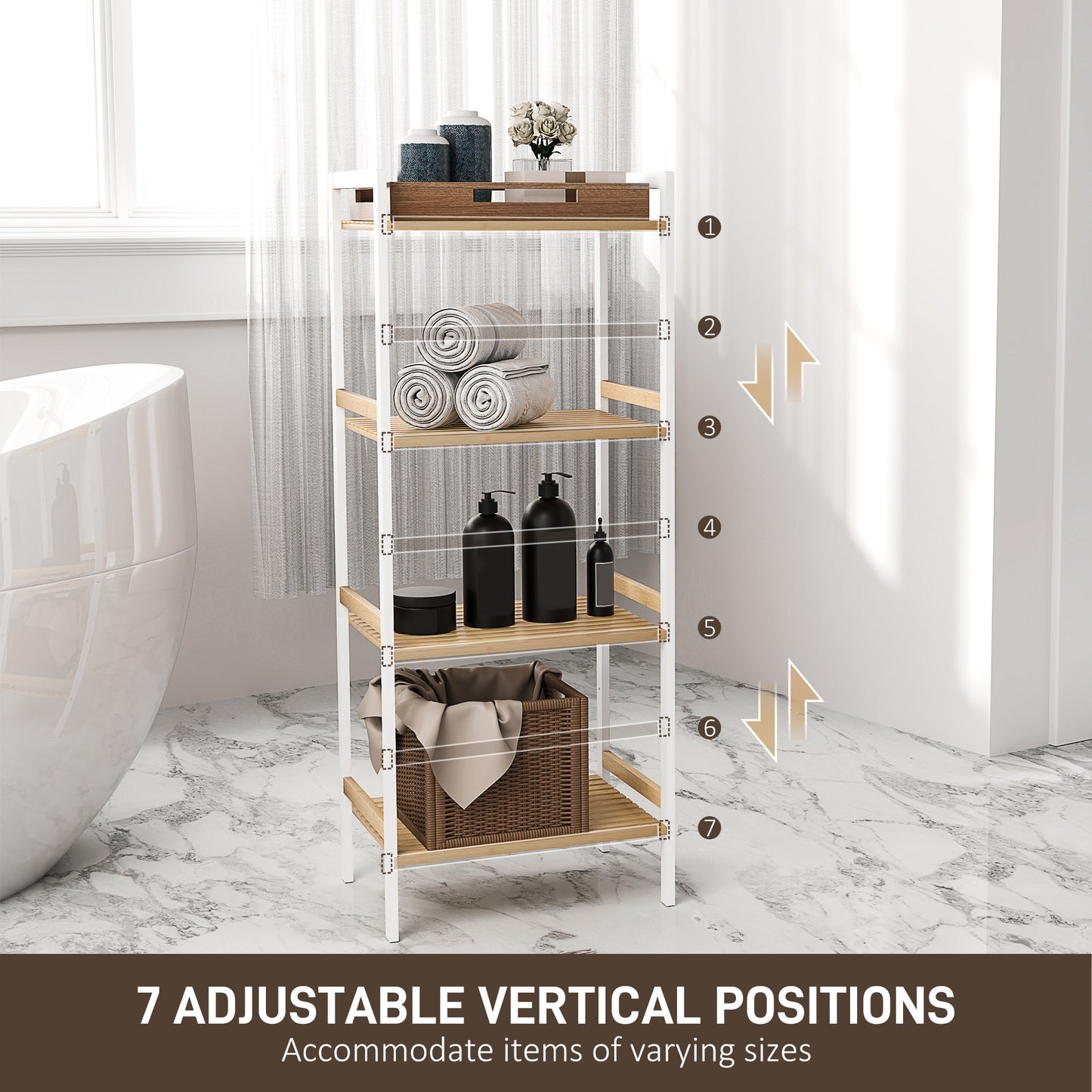 HOMCOM Four Tier Bamboo Adjustable Storage Shelf Unit for Bathroom and Home Organization with Seven Level Adjustments