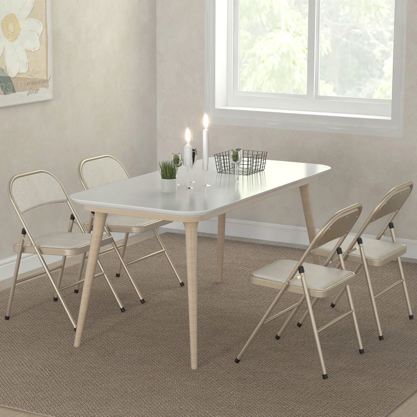 HOMCOM Linen-Look Set of Four Cushioned Folding Chairs Beige for Instant Seating Comfort