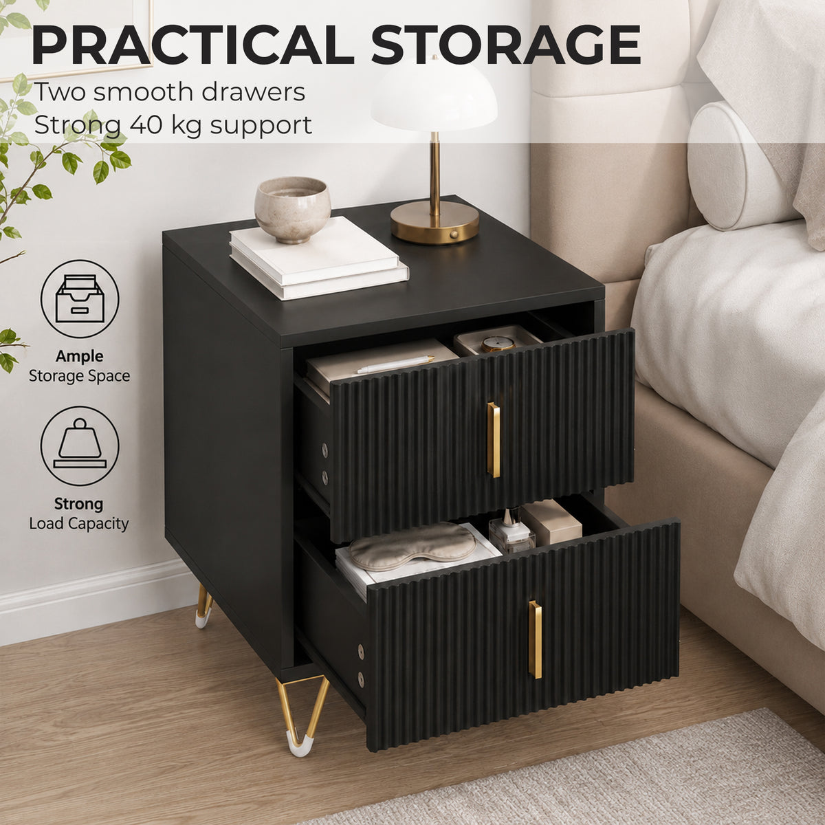 Homcom Elegant Fluted Bedside Table With Two Drawers And Gold Handles