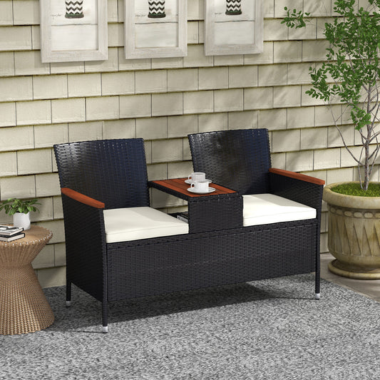 Outsunny Black Rattan Loveseat with Wooden Middle Table for Two - ALL4U RETAILER LTD