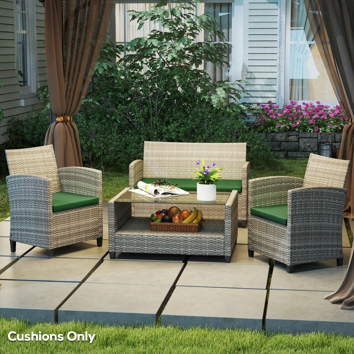 Outsunny Outdoor Seat Cushion Pads For Rattan Furniture 3 Piece Set Green Replacement Cushions