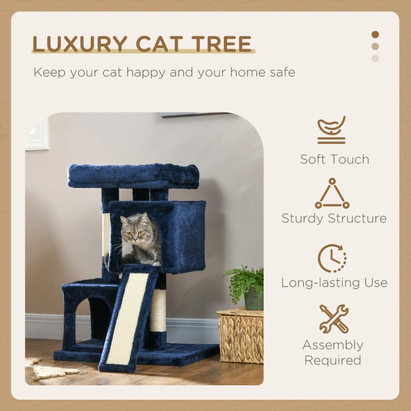 PawHut Navy Blue Sisal Cat Rest & Play Activity Tree with 2 Houses - Interactive Cat Tower - ALL4U RETAILER LTD