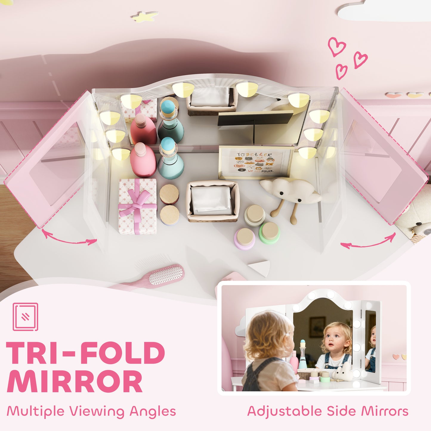 AIYAPLAY Girls Vanity Table And Stool Set With Tri Folding Mirror And Two Color LED Lights White