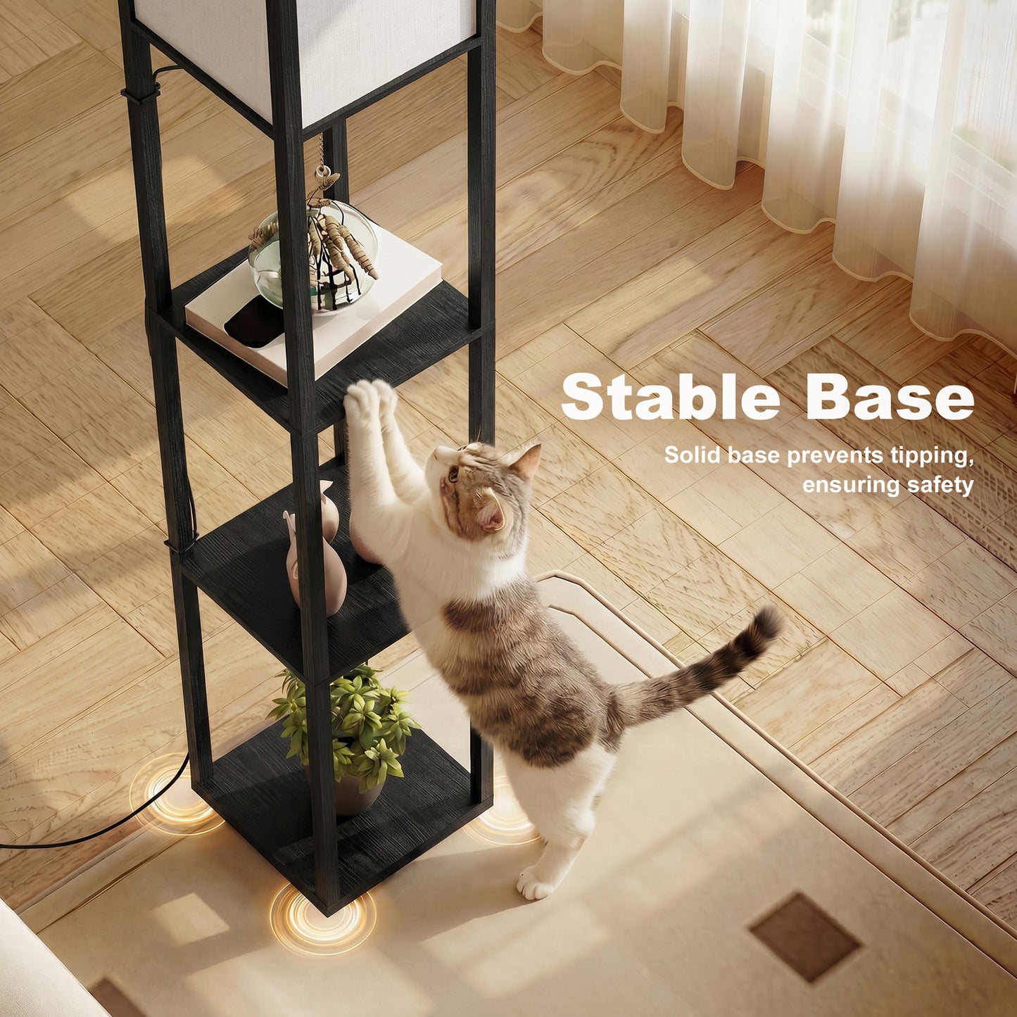 HOMCOM Floor Lamp With Shelves Three Tier Modern Standing Lamp For Living Room Bedroom Office Black Bulb Not Included