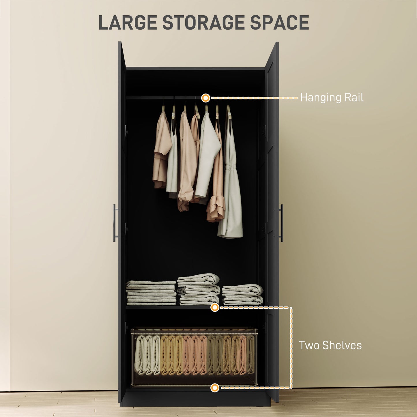 HOMCOM Double Panel Door Wardrobe With Shelves In Black 76cm Hanging Rail And Soft Closing Hinges