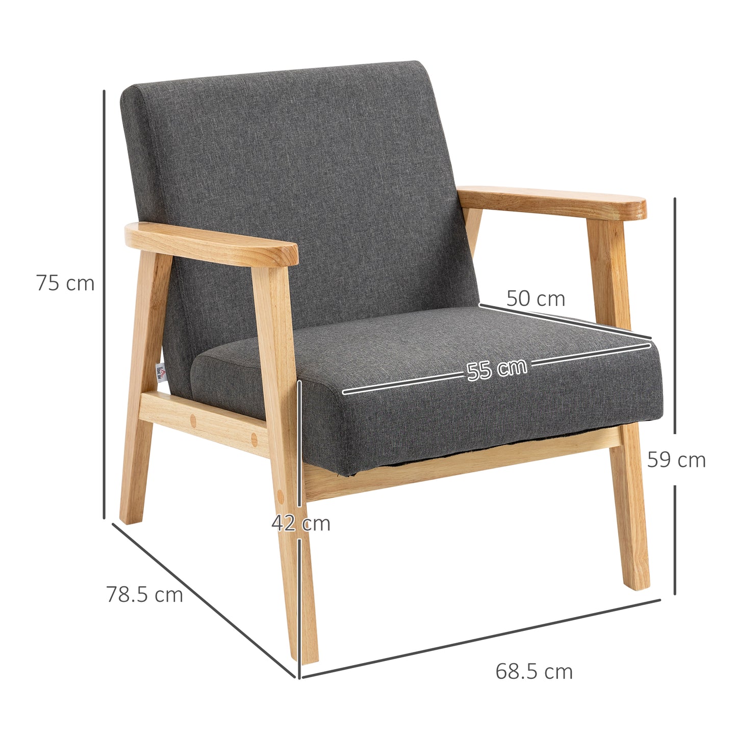 HOMCOM Set of 2 Accent Armchairs, Wooden Upholstered Lounge Chairs with Rubber Wood Legs, Padded Seat, Dark Grey