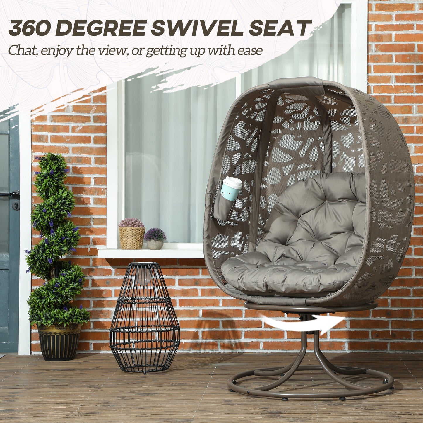 Outsunny Swivel Egg Chair With Cushions And Metal Frame Foldable Basket Seat Indoor Outdoor Lounge Chair Sand Brown