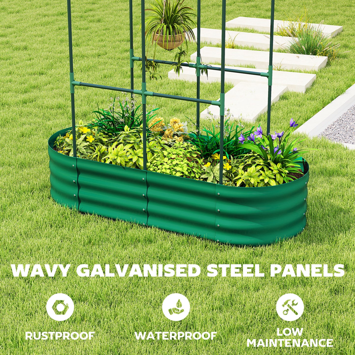 Outsunny Galvanised Raised Garden Bed With Arched Trellis, 4 X 2 X 4.6ft, Metal Raised Bed Planter, Open Bottom, Green