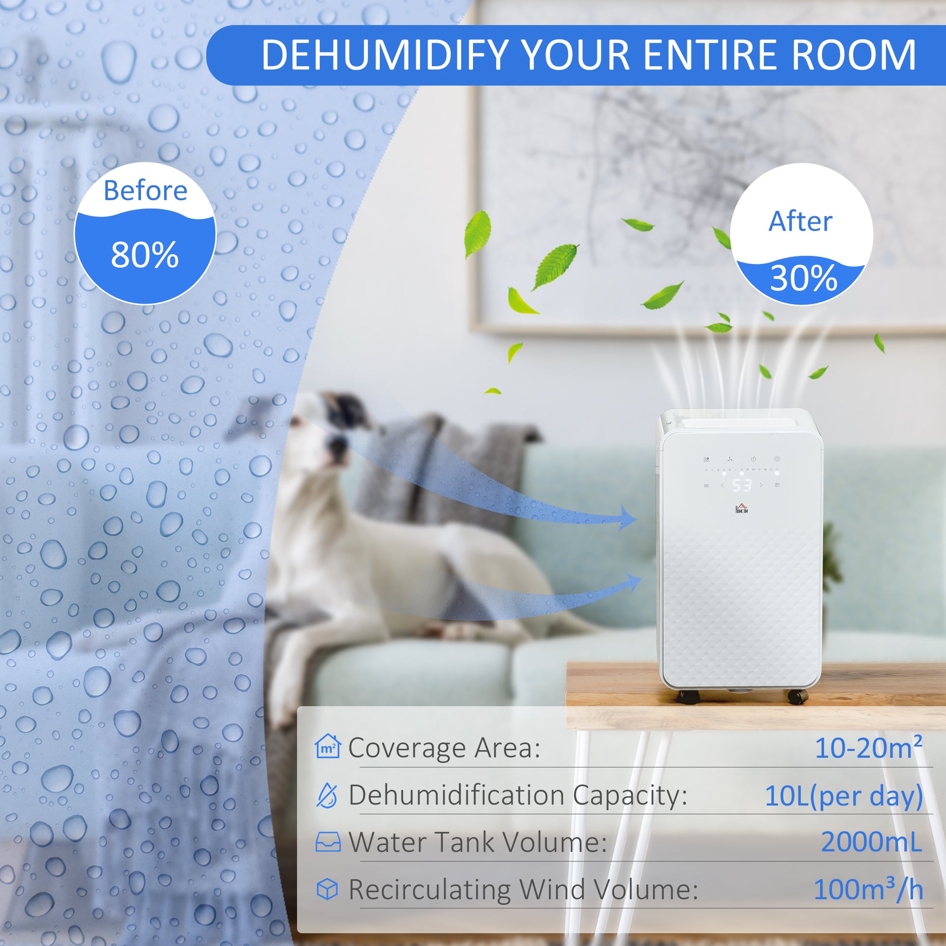 HOMCOM 2000mL Compact Dehumidifier and Air Purifier with 24-Hour Timer, 5 Operating Modes, and 10L Daily Capacity for Home Use - White - ALL4U RETAILER LTD