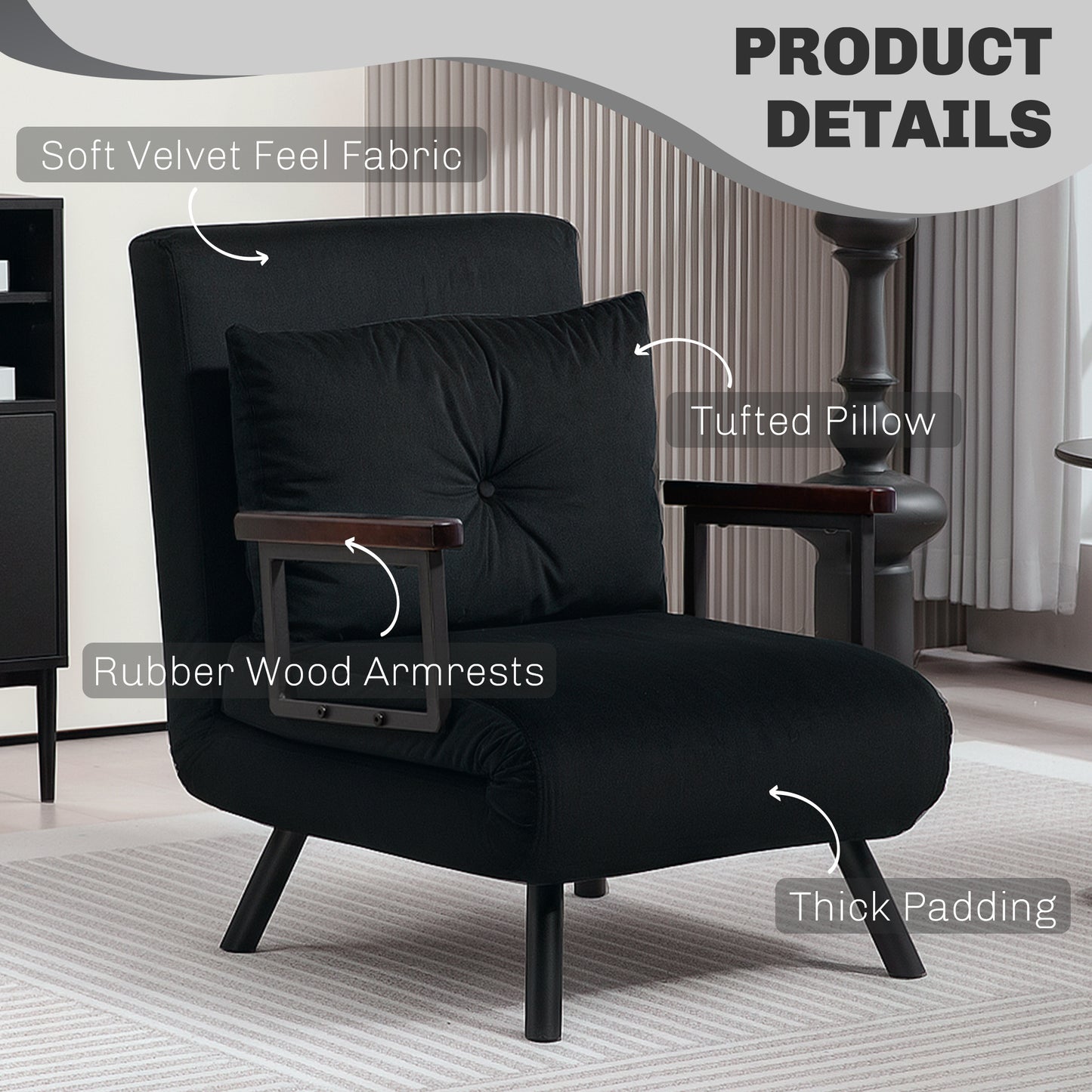 HOMCOM 4 In 1 Velvet Feel Single Chair Bed With Pillow Black Folding Sofa Bed For Living Room