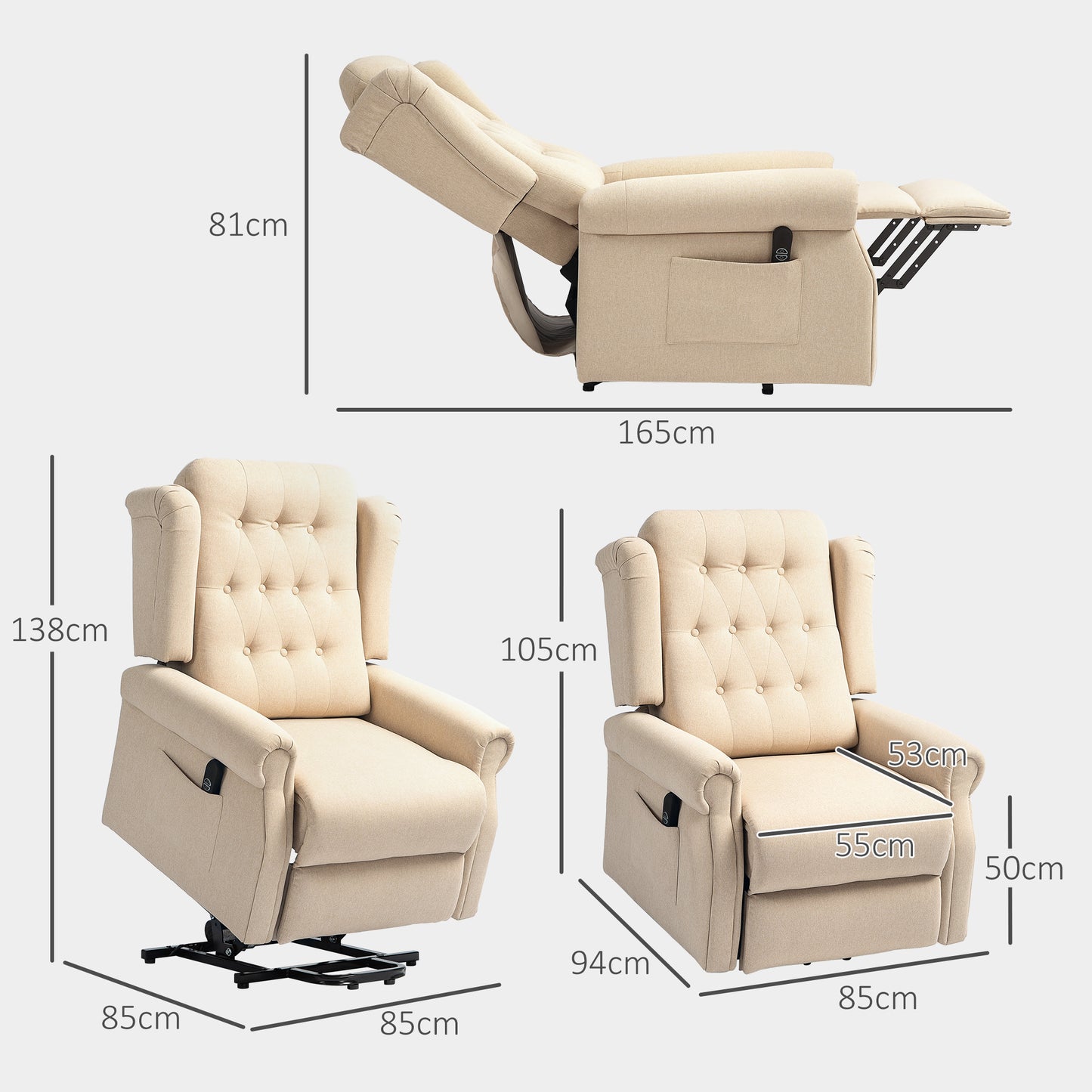 HOMCOM 45 Degree Lifting Riser Recliner Armchair Beige With 150 Degree Recline And Footrest
