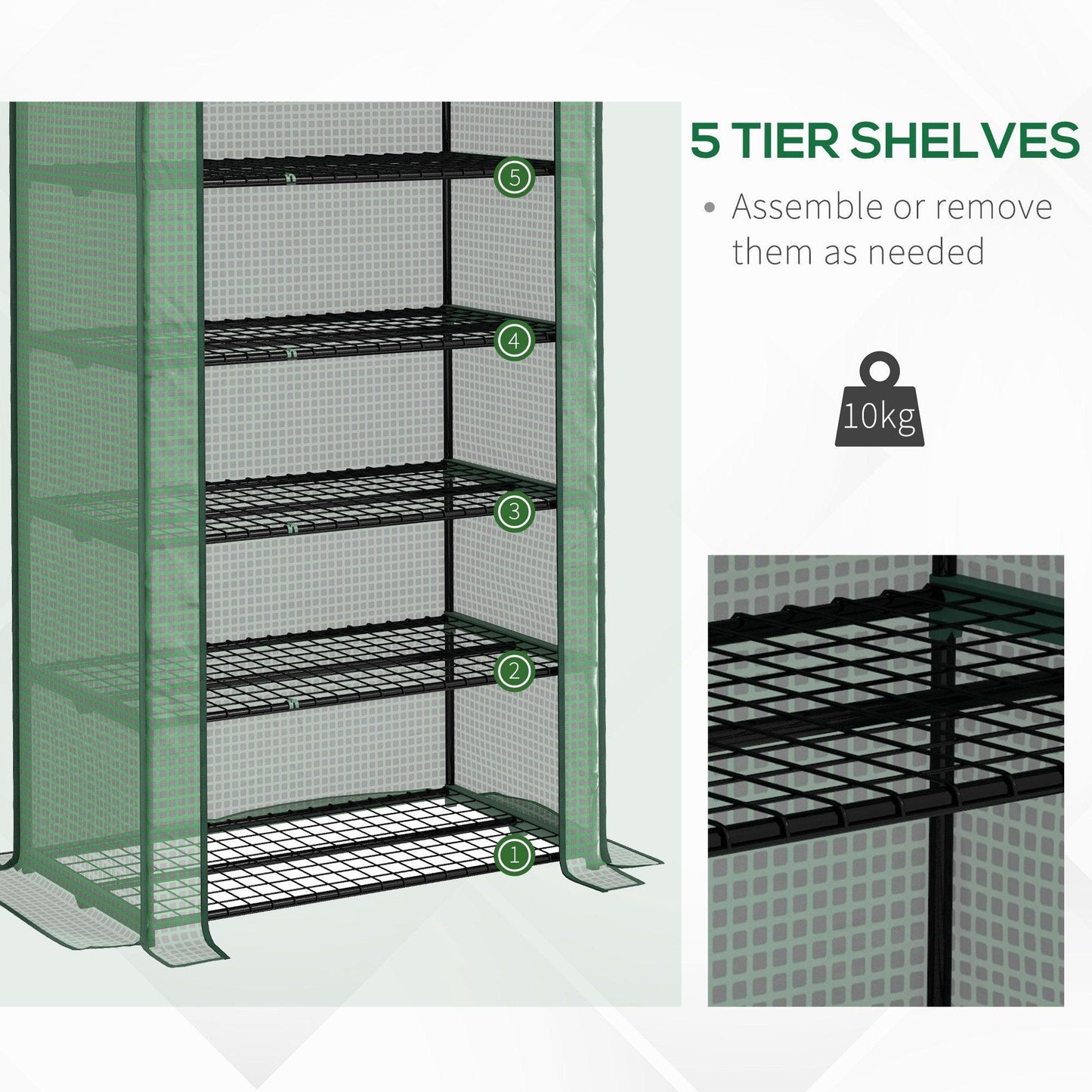 Outsunny 5 Tier Widened Mini Greenhouse w/ Reinforced PE Cover, Portable Green House w/ Roll-up Door & Wire Shelves, 193H x 90W x 49Dcm, Green - ALL4U RETAILER LTD