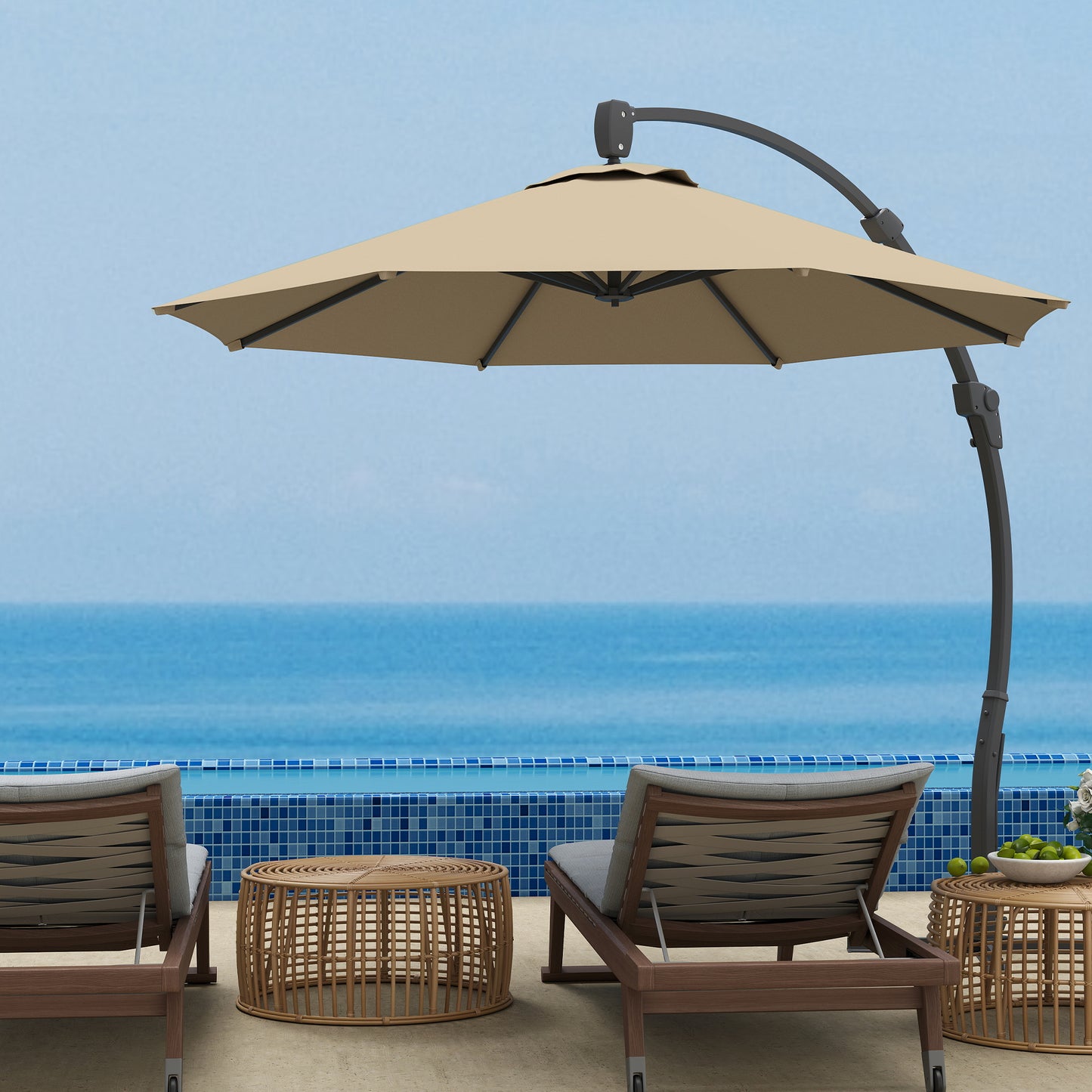 Outsunny 3M Garden Cantilever Parasol With Crank Round Umbrella Aluminium Frame Cross Base 360 Rotation Khaki