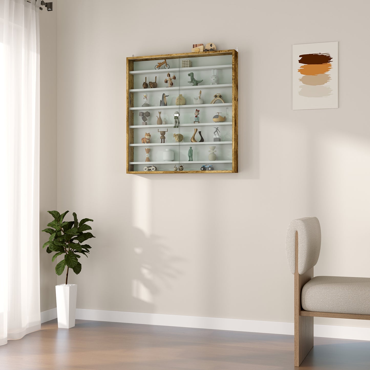 HOMCOM Six Shelf Wall Display Cabinet With Glass Doors In Brown Ideal For Display And Storage