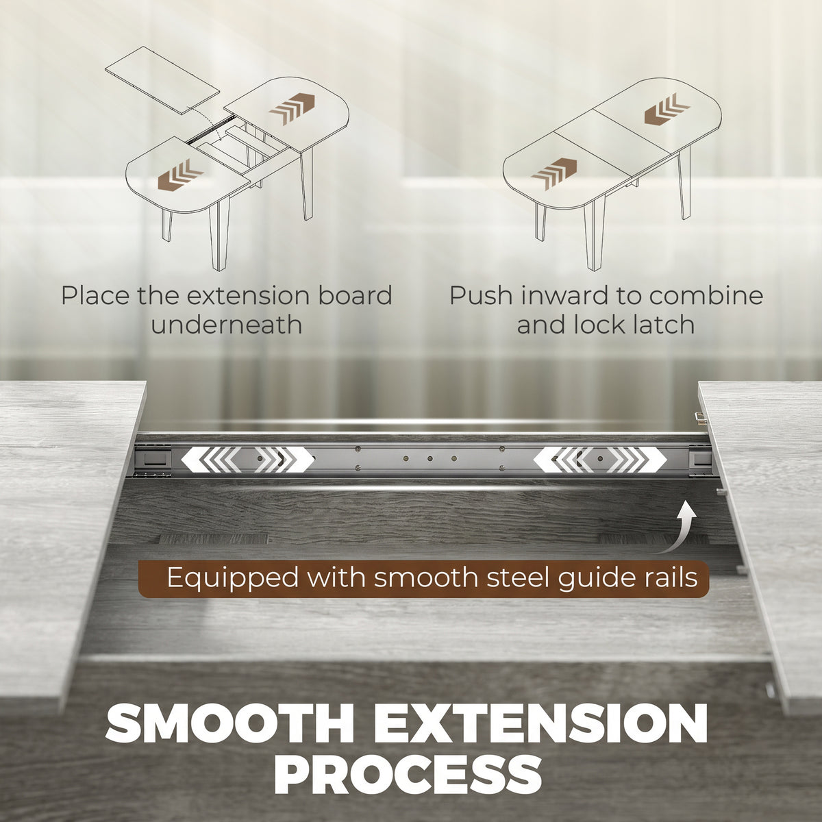 Grey wood-effect extendable oval dining table with hidden extension rails underside detail.