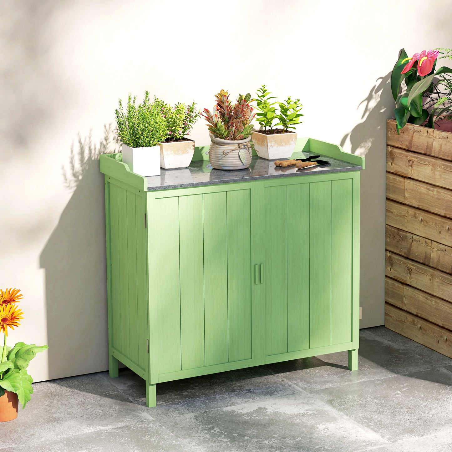 Outsunny Wood Garden Storage Cabinet Potting Bench With Galvanised Top And Two Shelves For Garden Tools And Pool Accessories Green