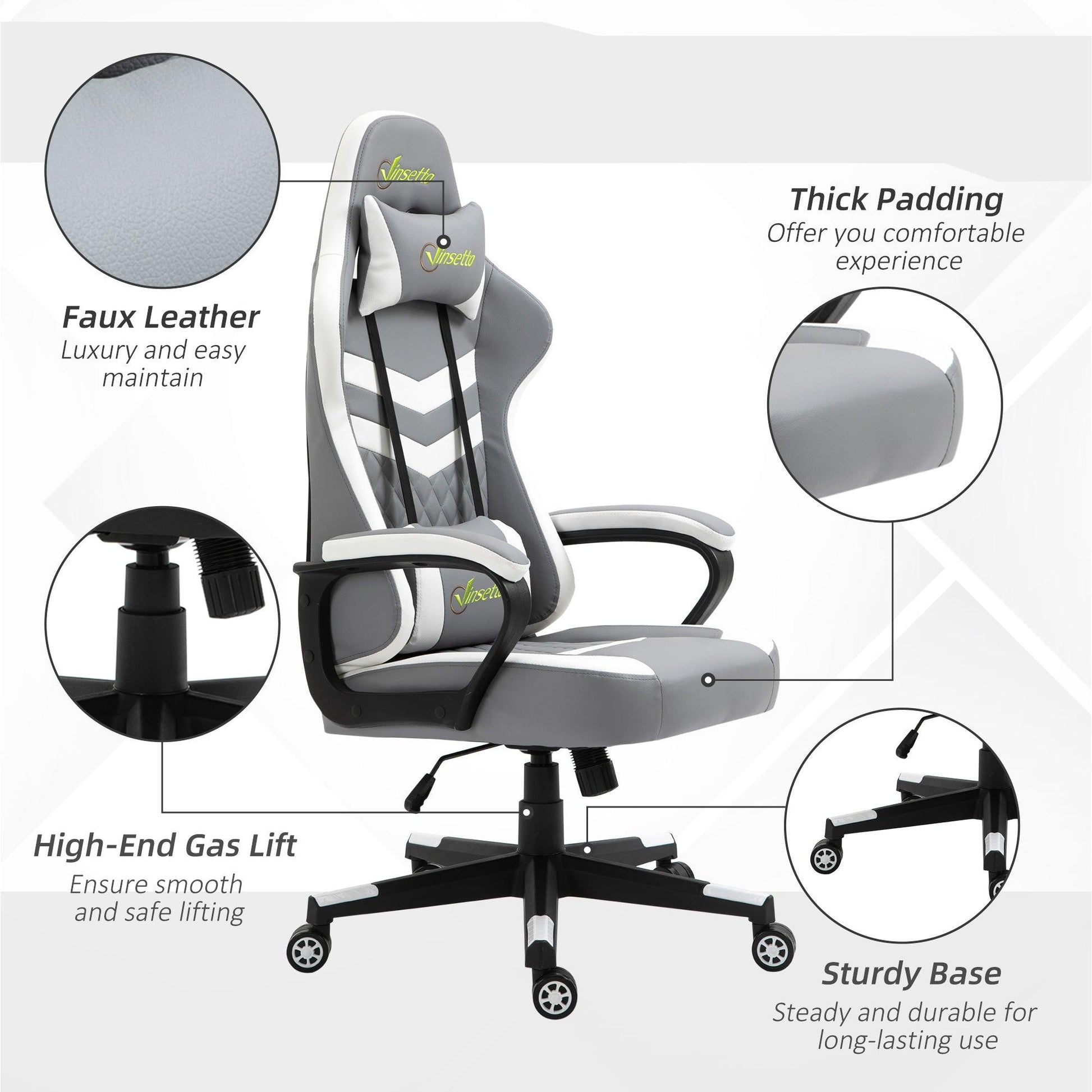 Vinsetto Racing Gaming Chair with Lumbar Support and Swivel Wheels in Grey White - ALL4U RETAILER LTD