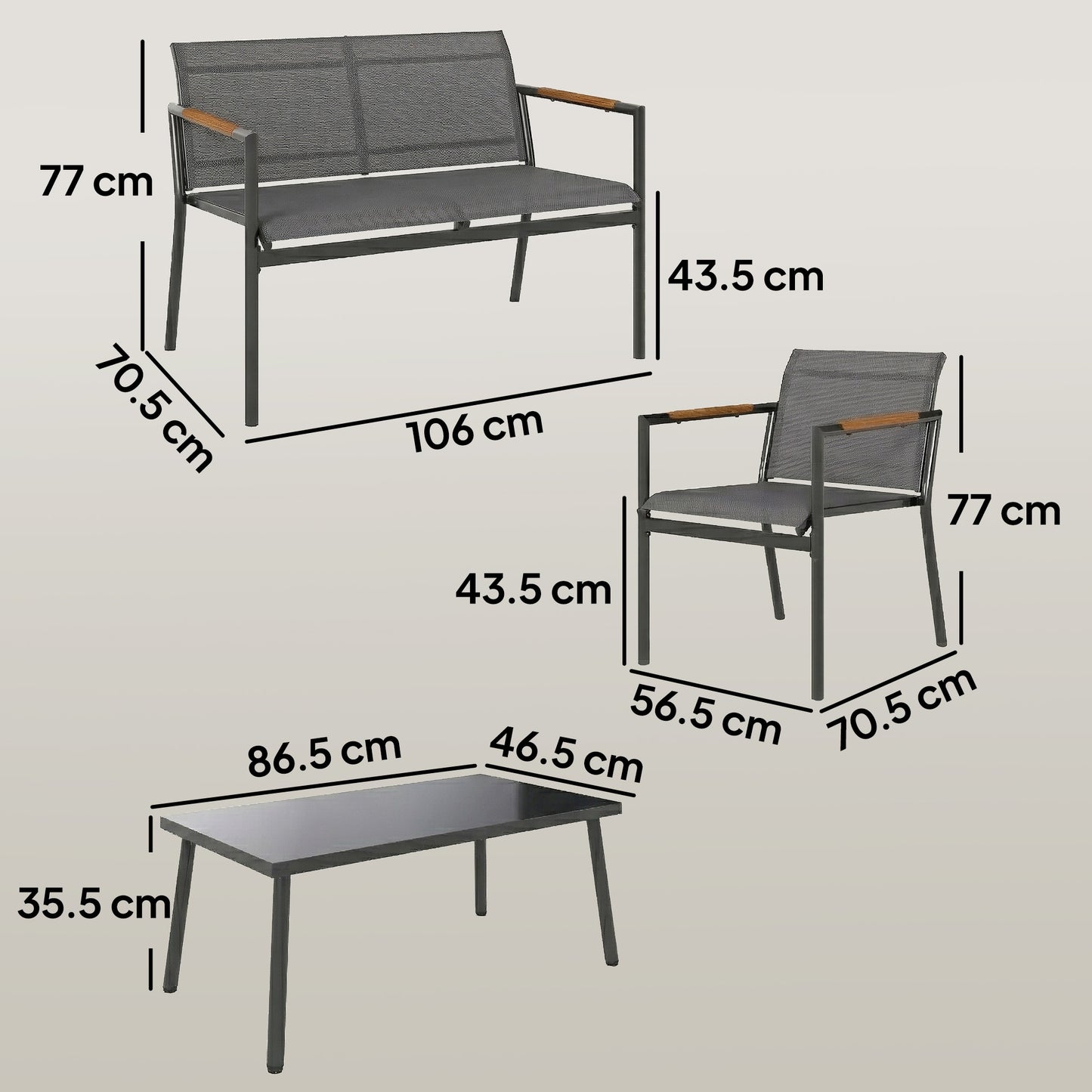 Outsunny 4 Seater Outdoor Garden Furniture Set With Loveseat Armchairs Table Metal Frame Grey Breathable Seats