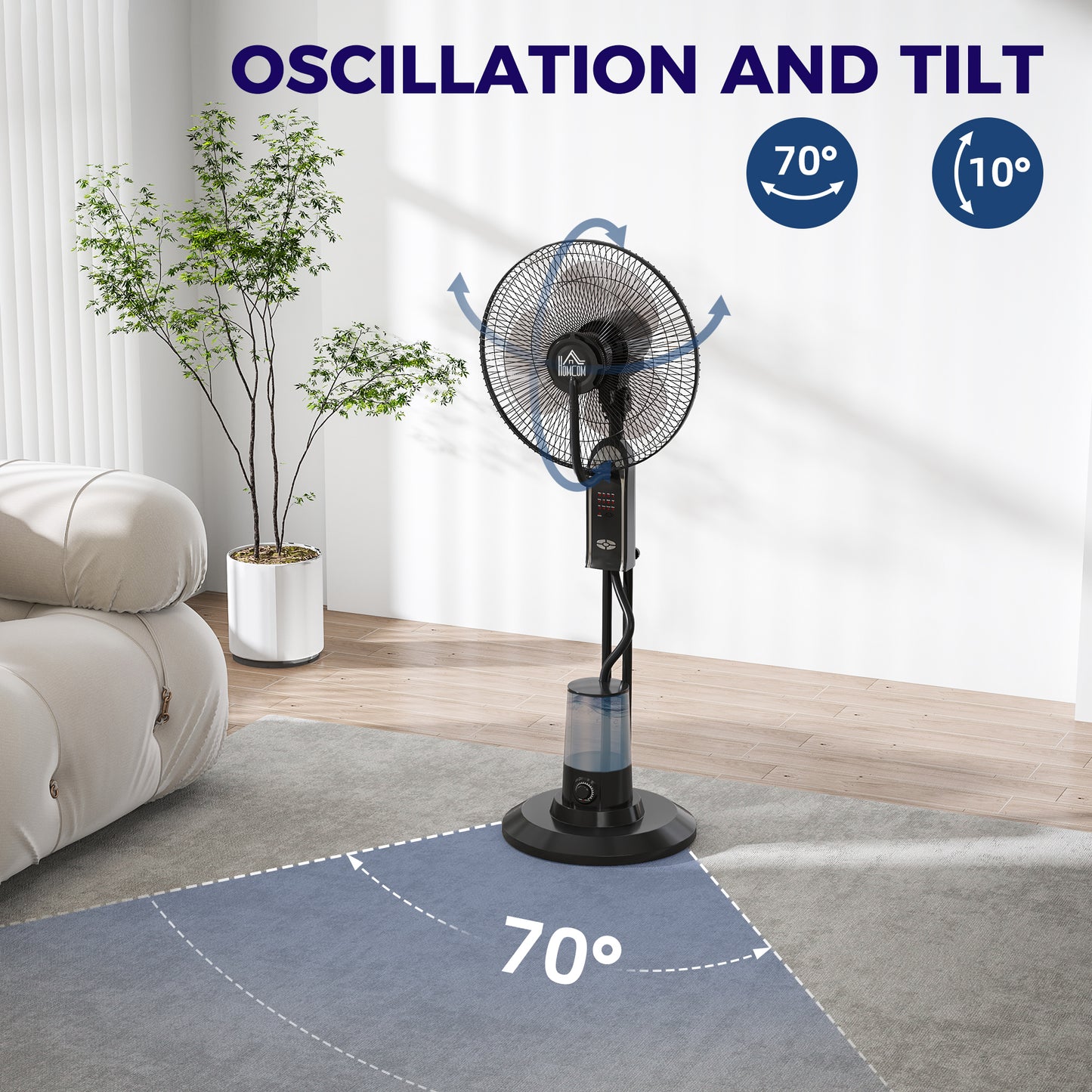 Homcom Pedestal Misting Fan With Water Spray 70 Degree Oscillation Tilt Head 3 Speeds 3 Modes Adjustable Mist 3.2L Tank